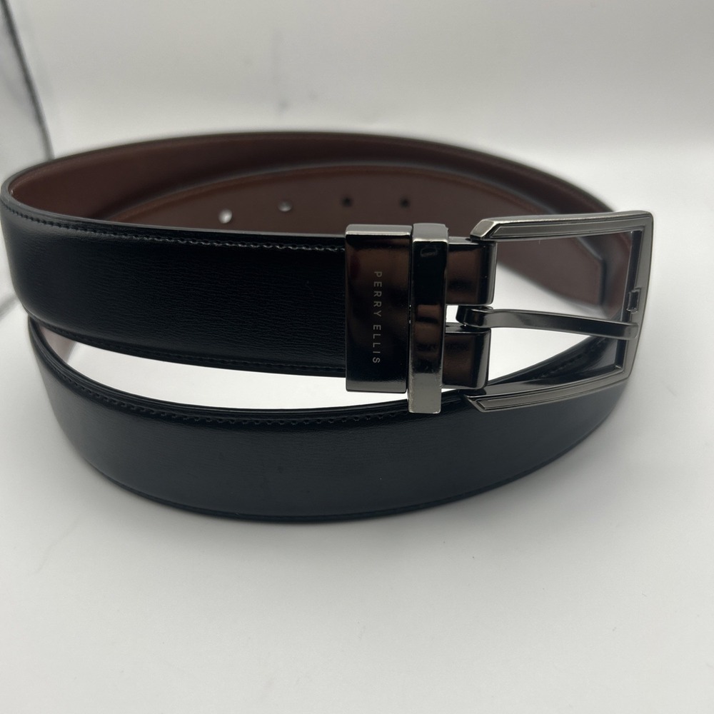 Perry Ellis‎ Reversible Leather Belt Men's Size 32 Black Brown Silver Buckle